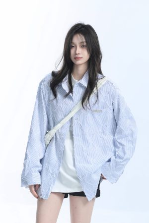 Light Blue Diamond-Patterned Brushed Long Sleeve Shirt for Women - Unique Loose Fit, Chic Casual Style