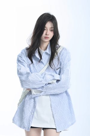Light Blue Diamond-Patterned Brushed Long Sleeve Shirt for Women - Unique Loose Fit, Chic Casual Style