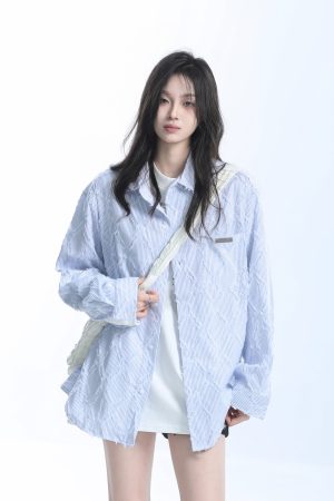 Light Blue Diamond-Patterned Brushed Long Sleeve Shirt for Women - Unique Loose Fit, Chic Casual Style