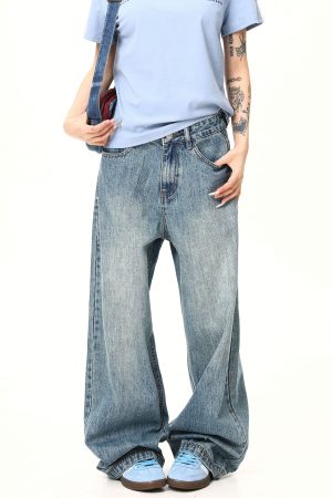 Light Blue Heavyweight Retro Jeans for Men and Women - Loose Straight Wide-Leg Long Pants, Trendy 90s American Style