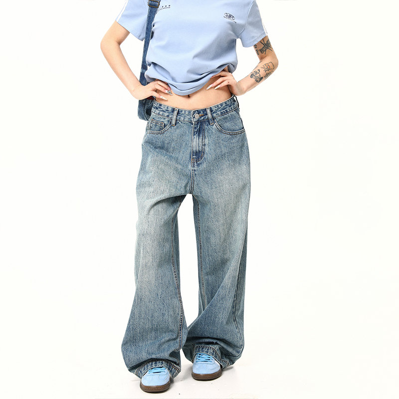 Light Blue Heavyweight Retro Jeans for Men and Women - Loose Straight Wide-Leg Long Pants, Trendy 90s American Style Light Blue Heavyweight Retro Jeans for Men and Women - Loose Straight Wide-Leg Long Pants, Trendy 90s American Style