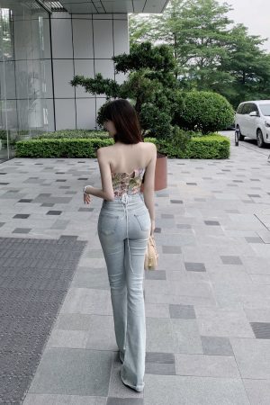 Light Blue High-Waisted Denim Flared Pants for Women - Summer Slim Fit Tapered Style, Y2K Inspired Fashion