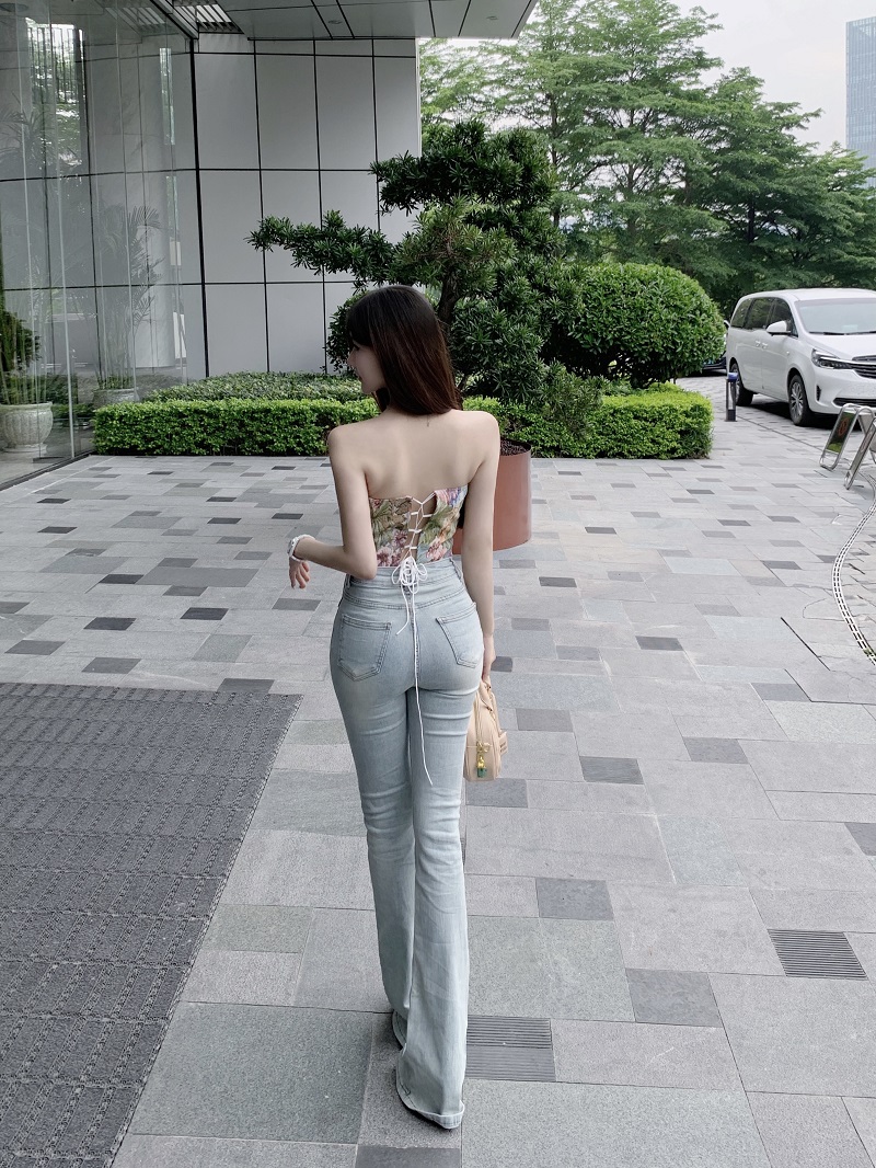 Light Blue High-Waisted Denim Flared Pants for Women - Summer Slim Fit Tapered Style, Y2K Inspired Fashion Light Blue High-Waisted Denim Flared Pants for Women - Summer Slim Fit Tapered Style, Y2K Inspired Fashion