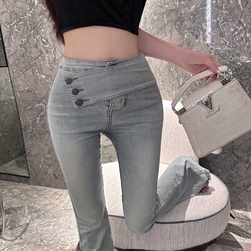 Light Blue High-Waisted Denim Flared Pants for Women - Summer Slim Fit Tapered Style, Y2K Inspired Fashion Light Blue High-Waisted Denim Flared Pants for Women - Summer Slim Fit Tapered Style, Y2K Inspired Fashion