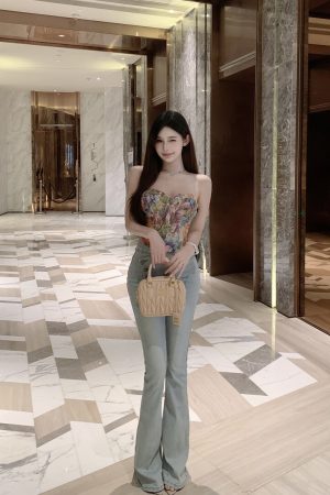 Light Blue High-Waisted Denim Flared Pants for Women - Summer Slim Fit Tapered Style, Y2K Inspired Fashion