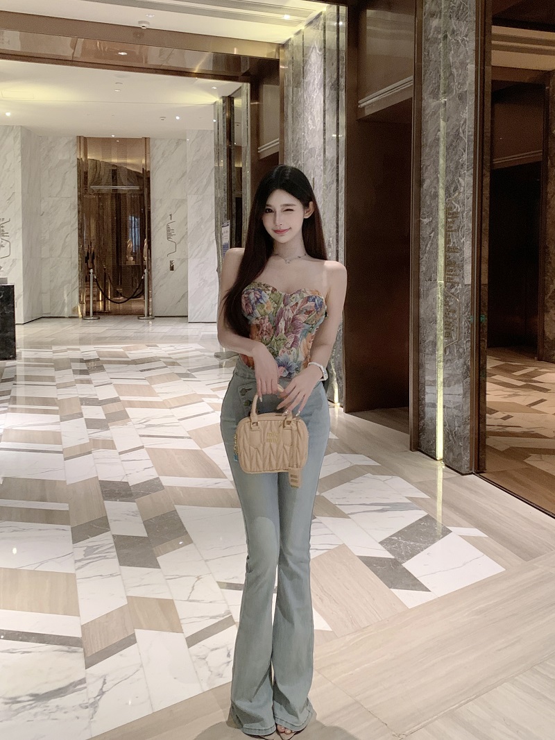 Light Blue High-Waisted Denim Flared Pants for Women - Summer Slim Fit Tapered Style, Y2K Inspired Fashion Light Blue High-Waisted Denim Flared Pants for Women - Summer Slim Fit Tapered Style, Y2K Inspired Fashion