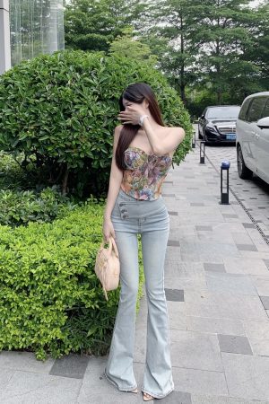 Light Blue High-Waisted Denim Flared Pants for Women - Summer Slim Fit Tapered Style, Y2K Inspired Fashion