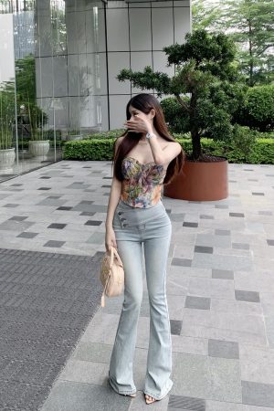 Light Blue High-Waisted Denim Flared Pants for Women - Summer Slim Fit Tapered Style, Y2K Inspired Fashion