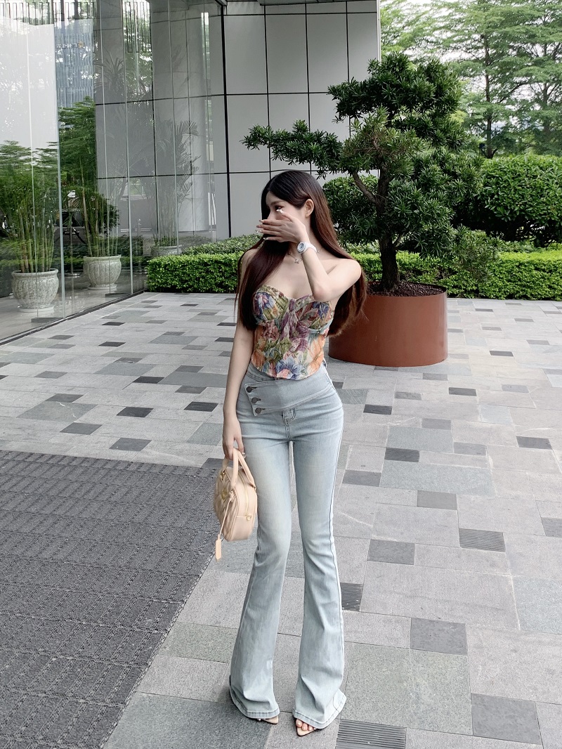 Light Blue High-Waisted Denim Flared Pants for Women - Summer Slim Fit Tapered Style, Y2K Inspired Fashion Light Blue High-Waisted Denim Flared Pants for Women - Summer Slim Fit Tapered Style, Y2K Inspired Fashion