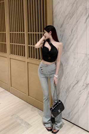 Light Blue High-Waisted Denim Flared Pants for Women - Summer Slim Fit Tapered Style, Y2K Inspired Fashion