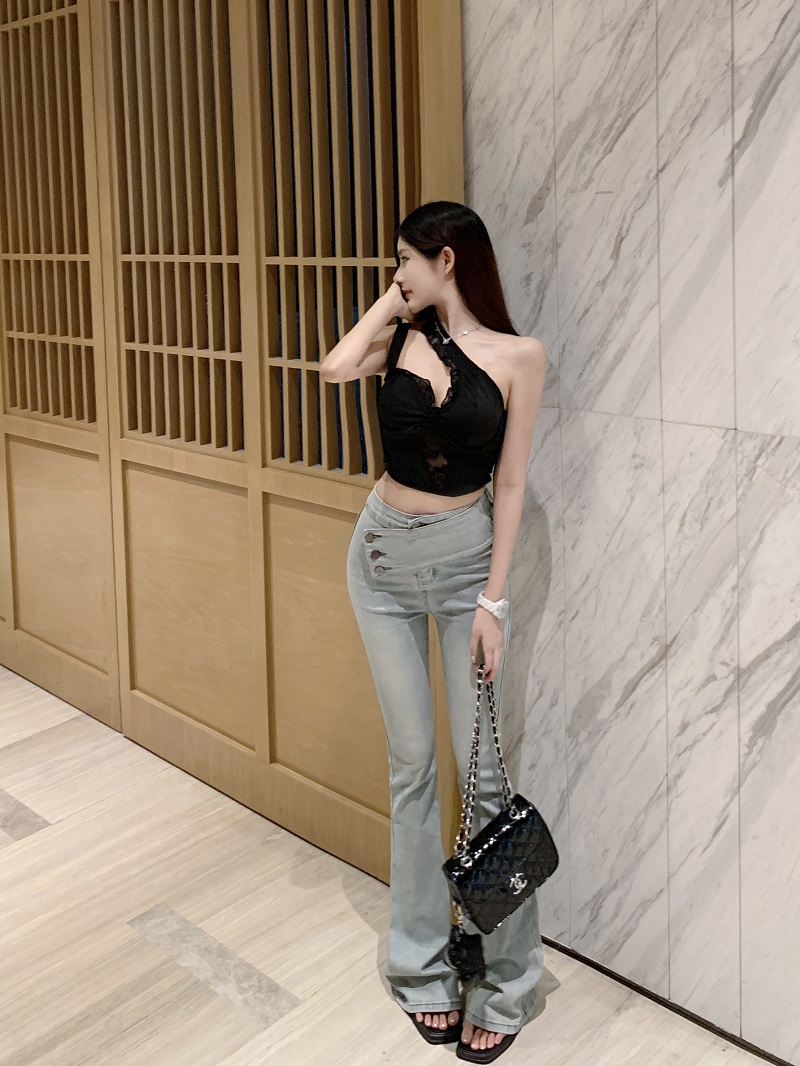 Light Blue High-Waisted Denim Flared Pants for Women - Summer Slim Fit Tapered Style, Y2K Inspired Fashion Light Blue High-Waisted Denim Flared Pants for Women - Summer Slim Fit Tapered Style, Y2K Inspired Fashion