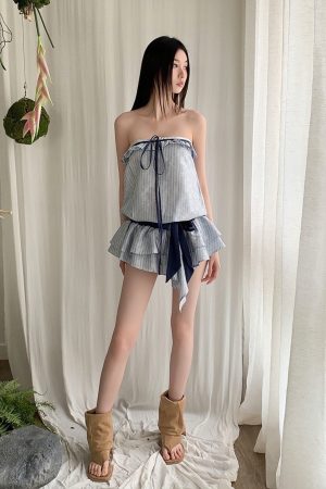 Light Blue Jacquard Striped Color-Blocking Irregular Tube Top Dress - Summer Fashion, Casual Style, Trendy Look