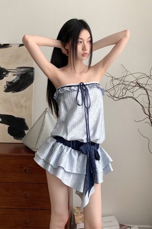 Light Blue Jacquard Striped Color-Blocking Irregular Tube Top Dress - Summer Fashion, Casual Style, Trendy Look