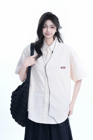 Light Blue Korean-Style Short Sleeve Shirt for Women - Summer Loose Fit Casual College Top with Quote Design