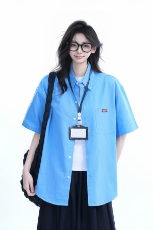 Light Blue Korean-Style Short Sleeve Shirt for Women - Summer Loose Fit Casual College Top with Quote Design