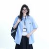 Light Blue Korean-Style Short Sleeve Shirt for Women - Summer Loose Fit Casual College Top with Quote Design