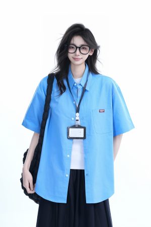 Light Blue Korean-Style Short Sleeve Shirt for Women - Summer Loose Fit Casual College Top with Quote Design