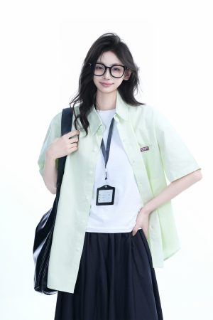 Light Blue Korean-Style Short Sleeve Shirt for Women - Summer Loose Fit Casual College Top with Quote Design