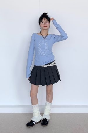 Light Blue Lace Trim Ballet-Style Round Neck Long Sleeve Women's T-Shirt - Vintage-Inspired, Y2K Fashion Top