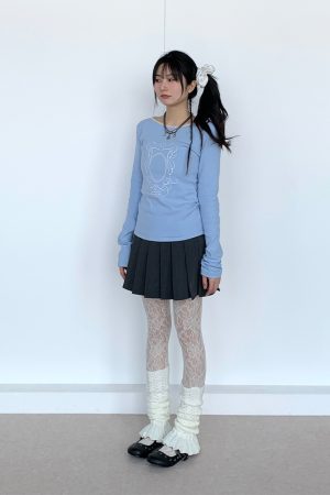 Light Blue Lace Trim Ballet-Style Round Neck Long Sleeve Women's T-Shirt - Vintage-Inspired, Y2K Fashion Top