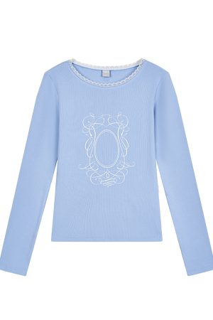 Light Blue Lace Trim Ballet-Style Round Neck Long Sleeve Women's T-Shirt - Vintage-Inspired, Y2K Fashion Top