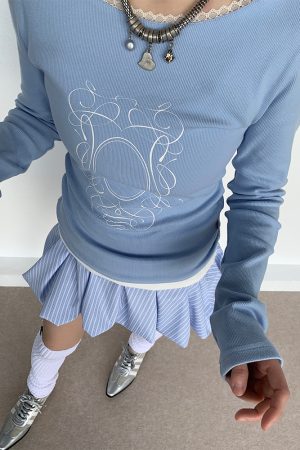 Light Blue Lace Trim Ballet-Style Round Neck Long Sleeve Women's T-Shirt - Vintage-Inspired, Y2K Fashion Top