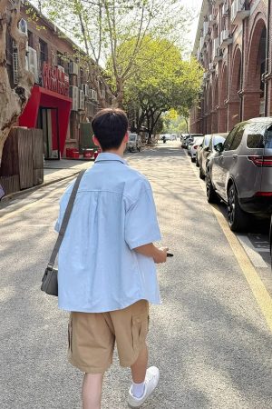 Light Blue Multi-Pocket Short Sleeve Shirt for Men and Women - Casual Loose Summer Workwear Top