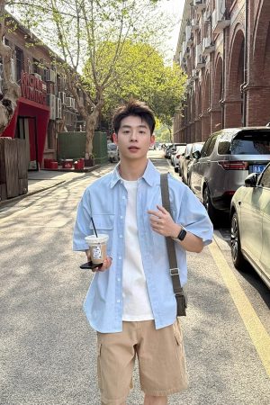 Light Blue Multi-Pocket Short Sleeve Shirt for Men and Women - Casual Loose Summer Workwear Top