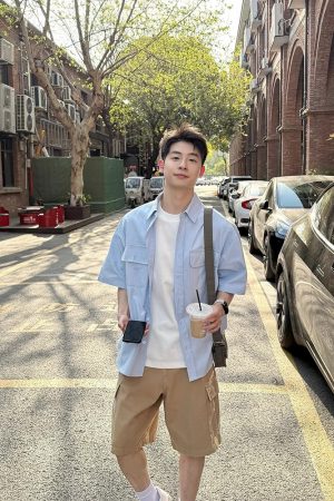 Light Blue Multi-Pocket Short Sleeve Shirt for Men and Women - Casual Loose Summer Workwear Top