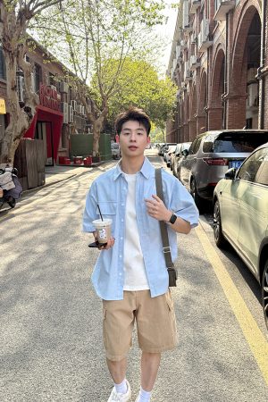 Light Blue Multi-Pocket Short Sleeve Shirt for Men and Women - Casual Loose Summer Workwear Top