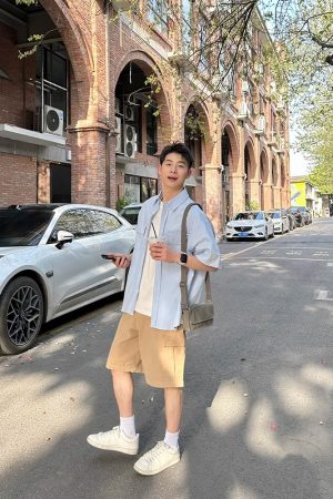 Light Blue Multi-Pocket Short Sleeve Shirt for Men and Women - Casual Loose Summer Workwear Top