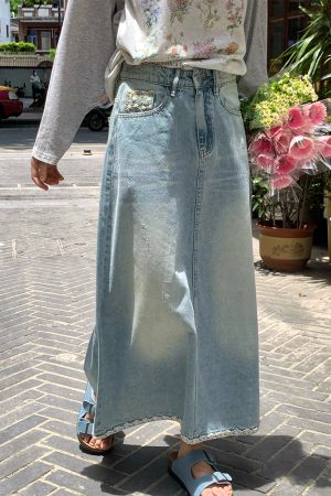 Light Blue Retro Denim Lace High-Waisted Skirt - Women's Summer Loose Long Skirt, Vintage Inspired, Casual Floral Style