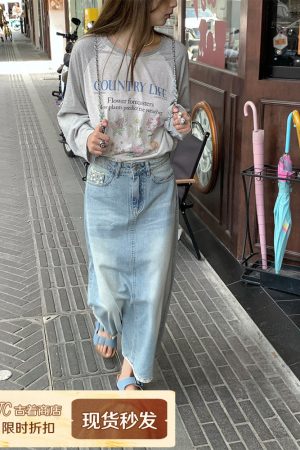 Light Blue Retro Denim Lace High-Waisted Skirt - Women's Summer Loose Long Skirt, Vintage Inspired, Casual Floral Style