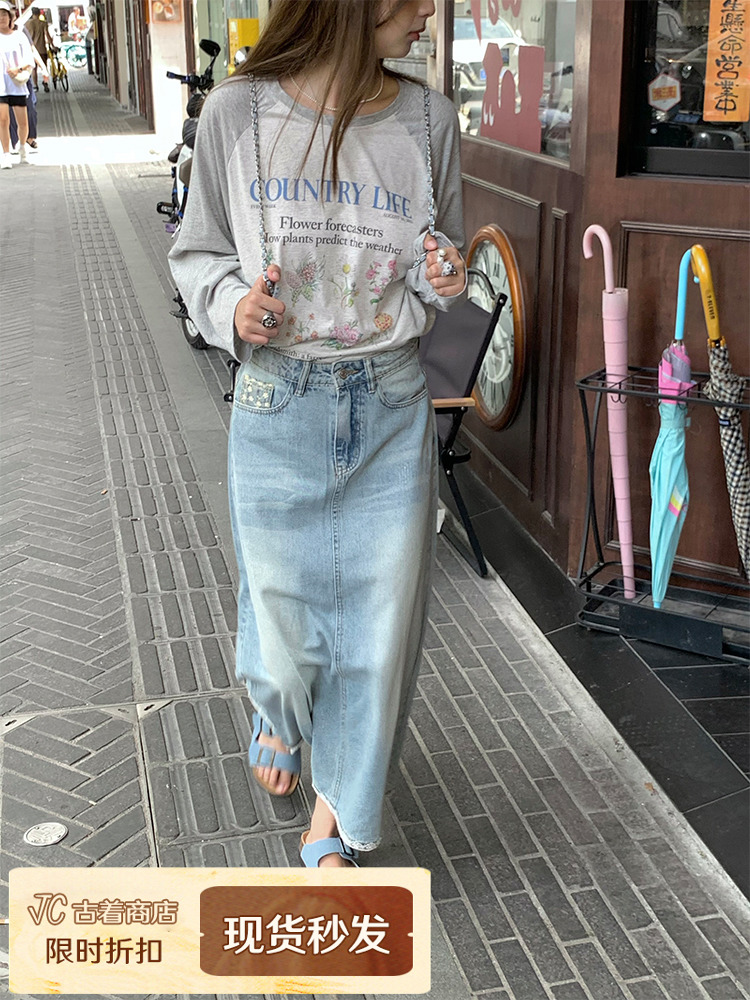 Light Blue Retro Denim Lace High-Waisted Skirt - Women's Summer Loose Long Skirt, Vintage Inspired, Casual Floral Style Light Blue Retro Denim Lace High-Waisted Skirt - Women's Summer Loose Long Skirt, Vintage Inspired, Casual Floral Style