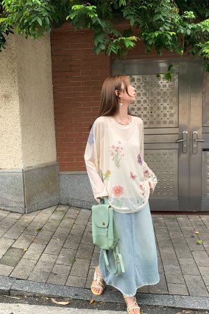 Light Blue Retro Denim Lace High-Waisted Skirt - Women's Summer Loose Long Skirt, Vintage Inspired, Casual Floral Style