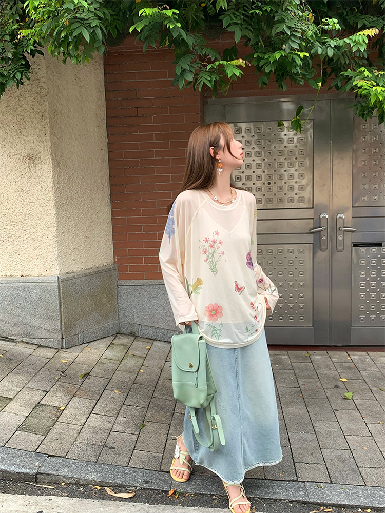 Light Blue Retro Denim Lace High-Waisted Skirt - Women's Summer Loose Long Skirt, Vintage Inspired, Casual Floral Style Light Blue Retro Denim Lace High-Waisted Skirt - Women's Summer Loose Long Skirt, Vintage Inspired, Casual Floral Style