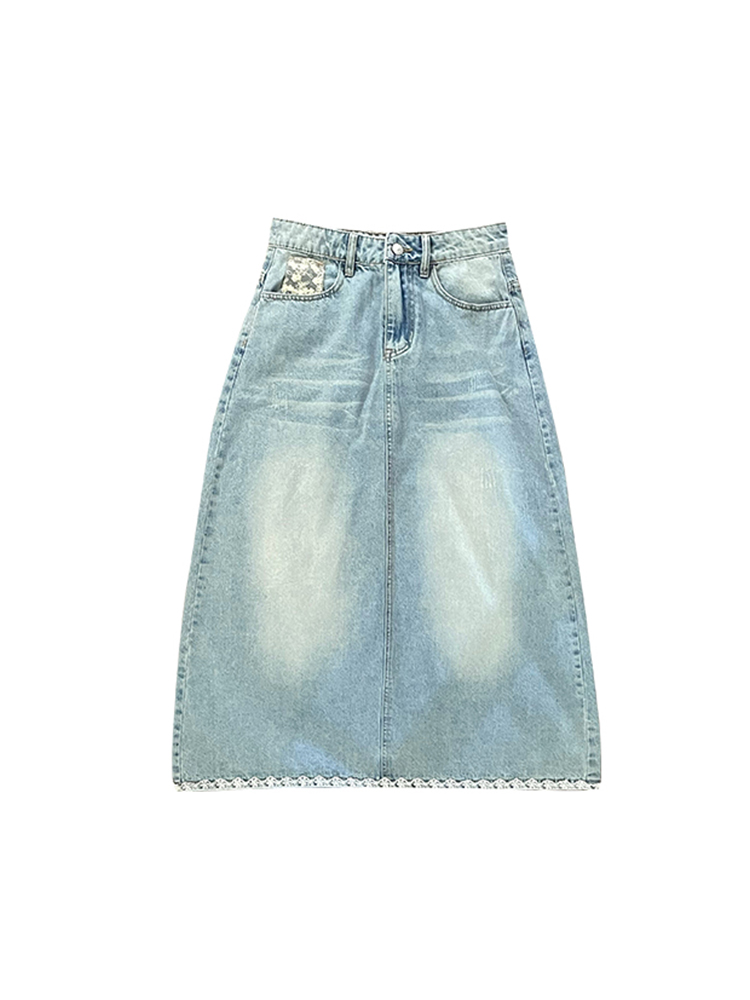 Light Blue Retro Denim Lace High-Waisted Skirt - Women's Summer Loose Long Skirt, Vintage Inspired, Casual Floral Style Light Blue Retro Denim Lace High-Waisted Skirt - Women's Summer Loose Long Skirt, Vintage Inspired, Casual Floral Style