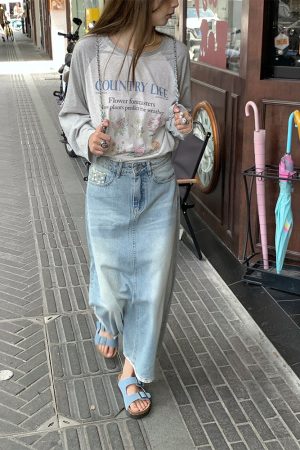 Light Blue Retro Denim Lace High-Waisted Skirt - Women's Summer Loose Long Skirt, Vintage Inspired, Casual Floral Style