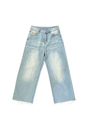 Light Blue Retro Distressed Straight Leg Jeans for Women - Vintage Summer Loose High Waist Daisy Print Pants