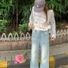Light Blue Retro Distressed Straight Leg Jeans for Women - Vintage Summer Loose High Waist Daisy Print Pants