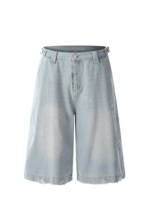 Light Blue Ripped Cropped Jeans for Men & Women - Retro American Style Summer Hip-Hop Loose Shorts Trend