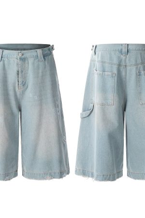 Light Blue Ripped Cropped Jeans for Men & Women - Retro American Style Summer Hip-Hop Loose Shorts Trend