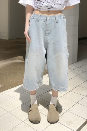 Light Blue Ripped Cropped Jeans for Men & Women - Retro American Style Summer Hip-Hop Loose Shorts Trend