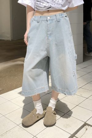 Light Blue Ripped Cropped Jeans for Men & Women - Retro American Style Summer Hip-Hop Loose Shorts Trend