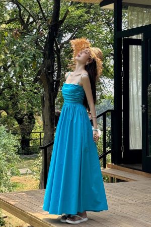 Light Blue Spaghetti Strap Dress with Cinched Waist and Flared Skirt for Beach Vacation, Summer Style, Vacation Ready