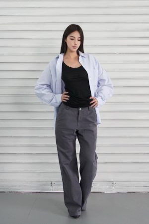 Light Blue Striped Casual Long Sleeve Shirt - Classic Loose Fit for Effortless Style, Perfect for 90s and Y2K Inspired Looks