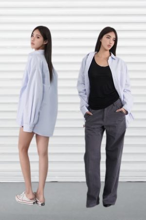 Light Blue Striped Casual Long Sleeve Shirt - Classic Loose Fit for Effortless Style, Perfect for 90s and Y2K Inspired Looks