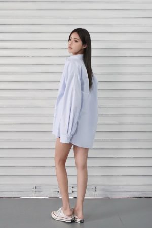 Light Blue Striped Casual Long Sleeve Shirt - Classic Loose Fit for Effortless Style, Perfect for 90s and Y2K Inspired Looks