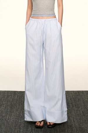 Light Blue Striped Drawstring Casual Pants for Women - Retro Wide-Leg Design for Spring and Summer, Relaxed Fit, Y2K Style