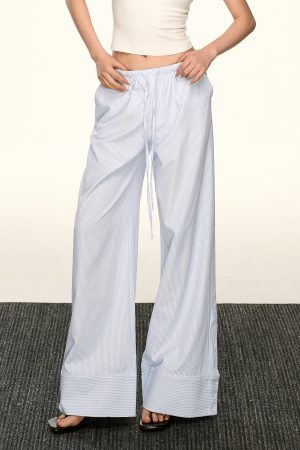 Light Blue Striped Drawstring Casual Pants for Women - Retro Wide-Leg Design for Spring and Summer, Relaxed Fit, Y2K Style